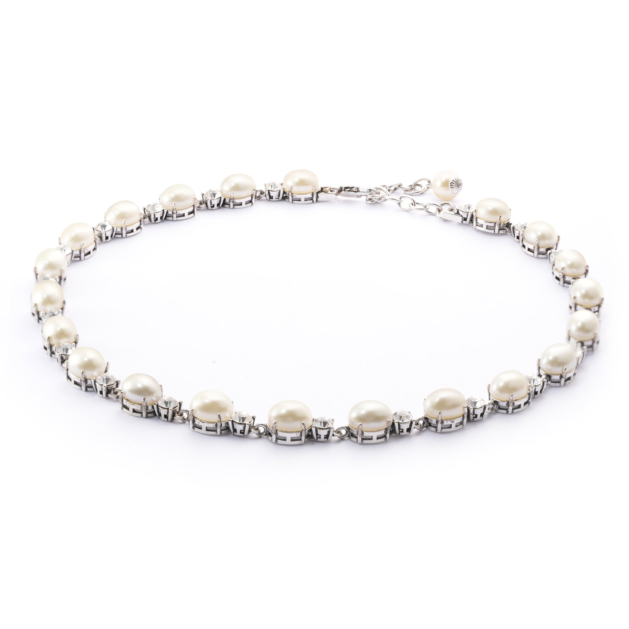 Brass Plated Necklaces,  Imported Crystal Pearls Imported Austrian Rhinestones, Plated Silver