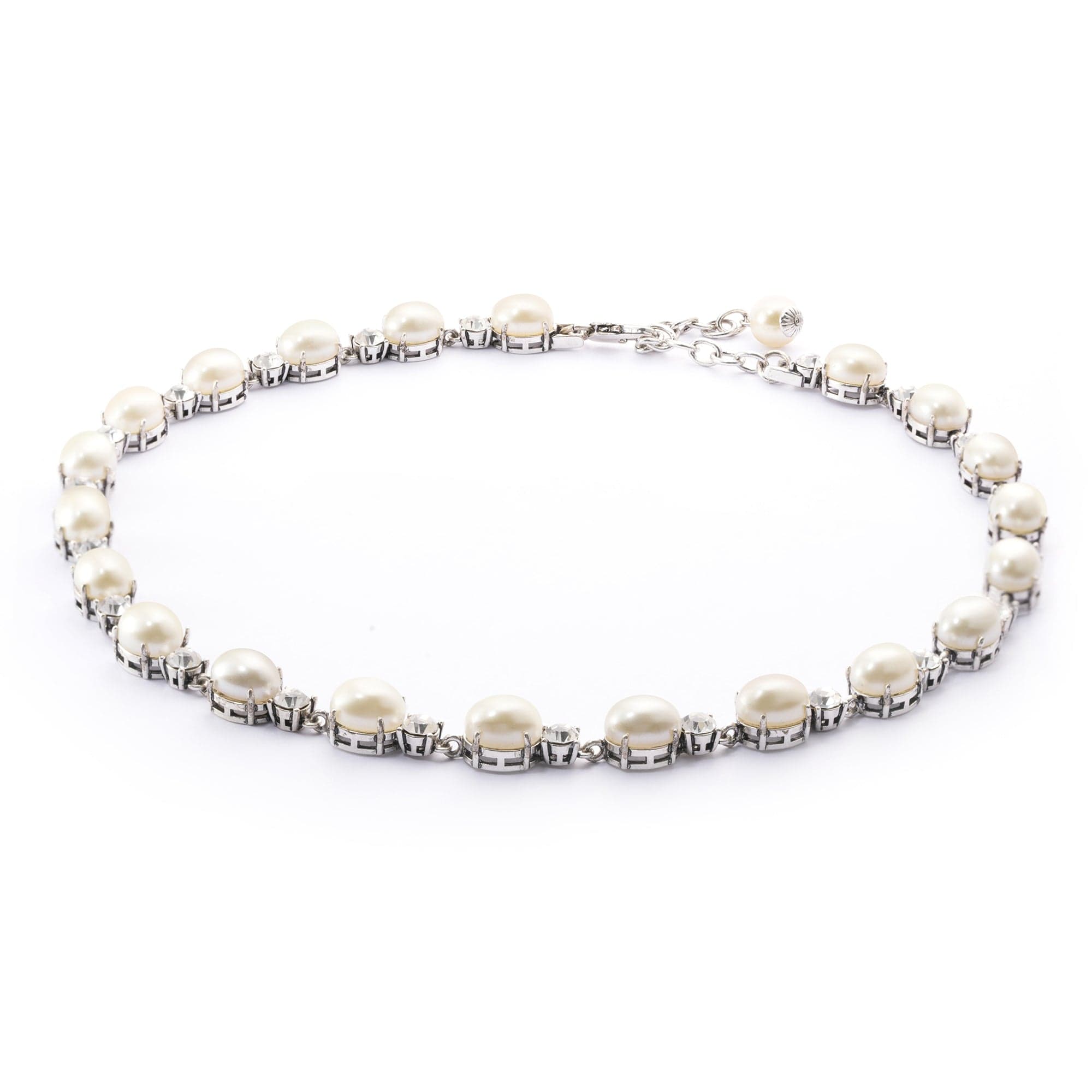 Brass Plated Necklaces, Imported Crystal Pearls Imported Austrian Rhinestones, Plated Silver