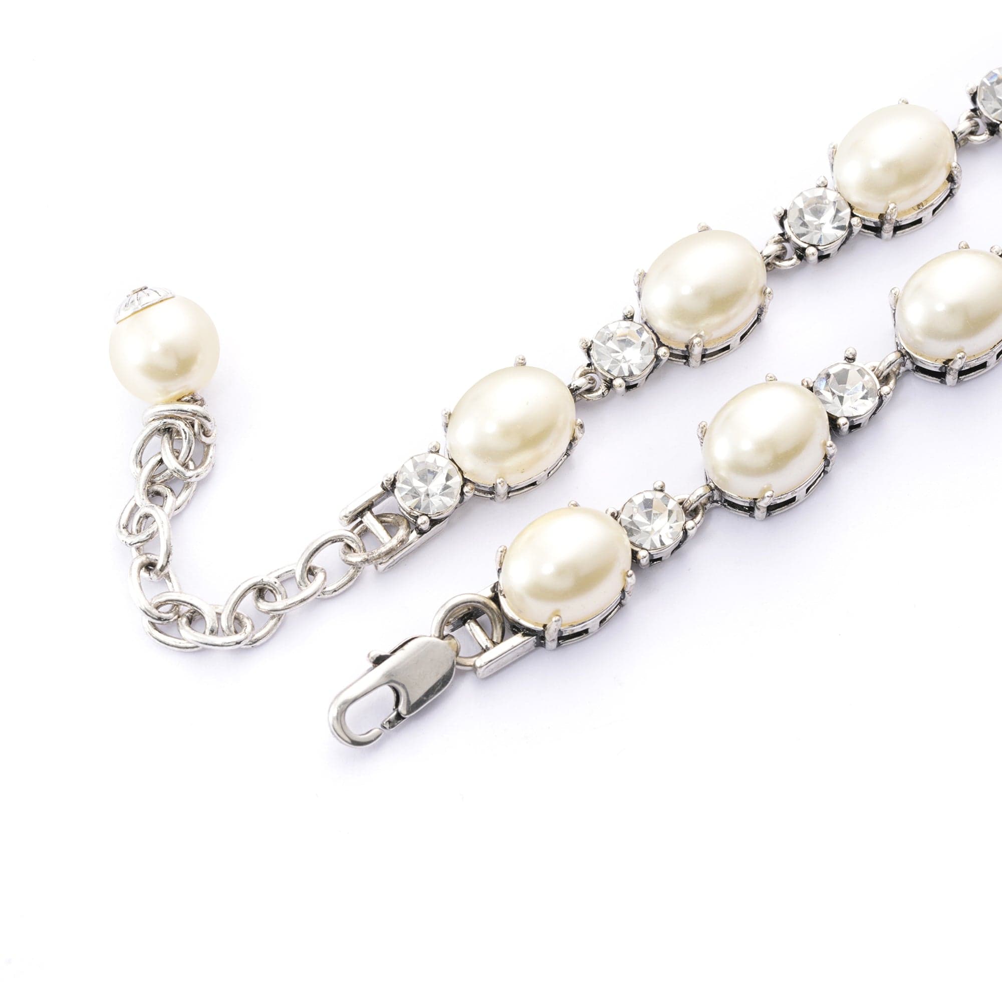 Brass Plated Necklaces, Imported Crystal Pearls Imported Austrian Rhinestones, Plated Silver