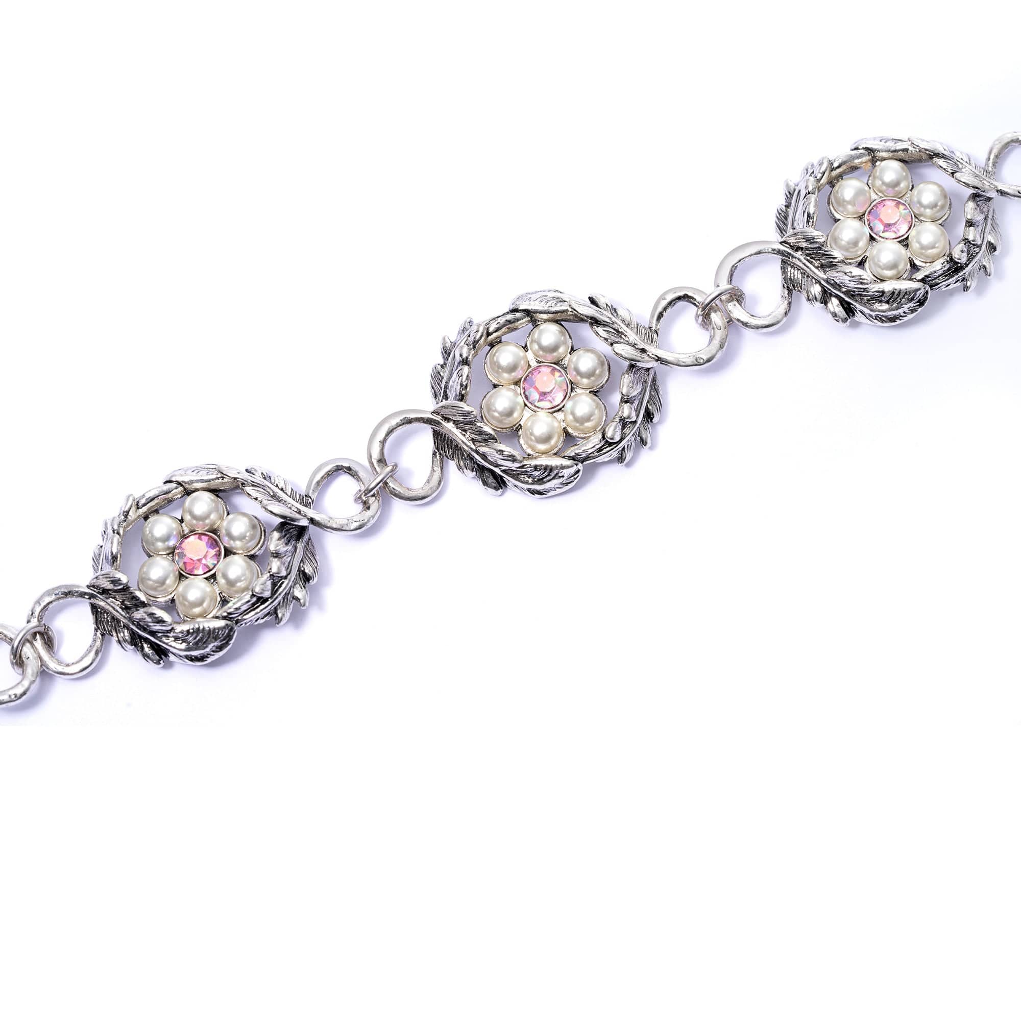 Necklace brass crystal pearl Austrian rhinestone plated silver made old