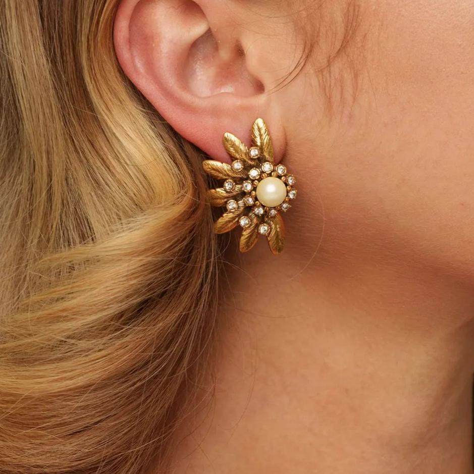 Earrings, Crystal Pearl, Austrian Rhinestones, Brass Plated With Russian Genuine Gold