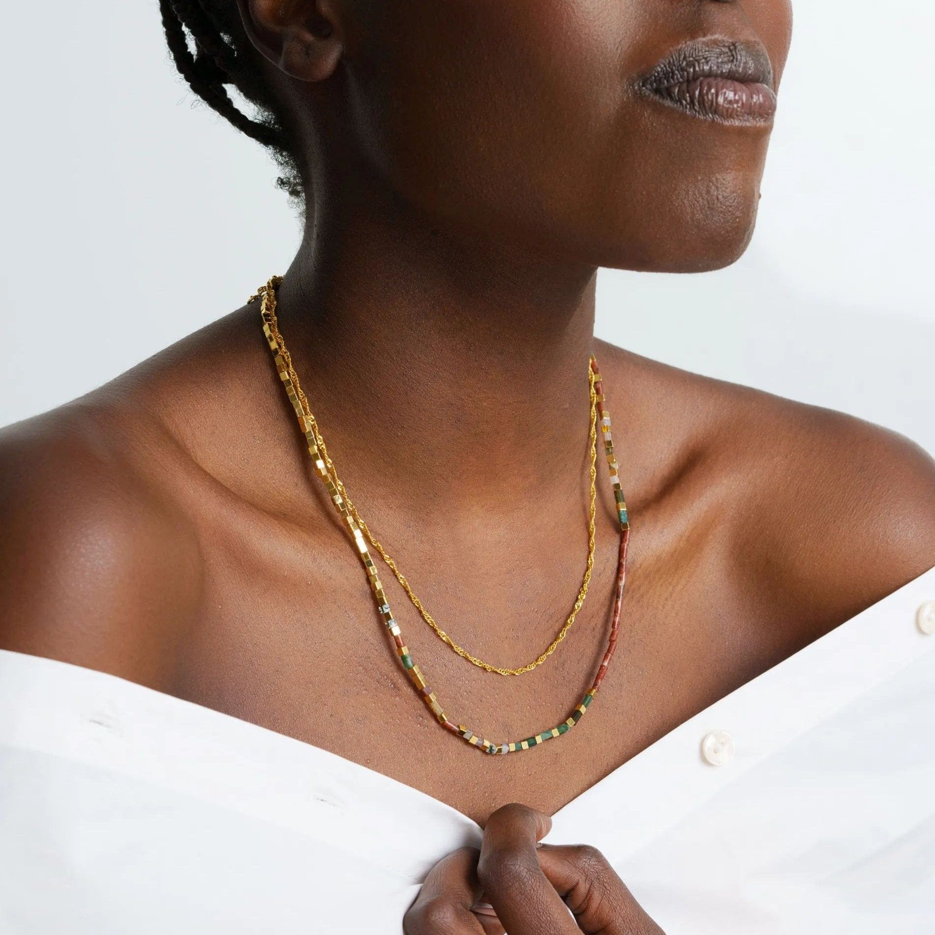 Necklaces, White Crystal Dipped Color, Brass Plated With Genuine Gold