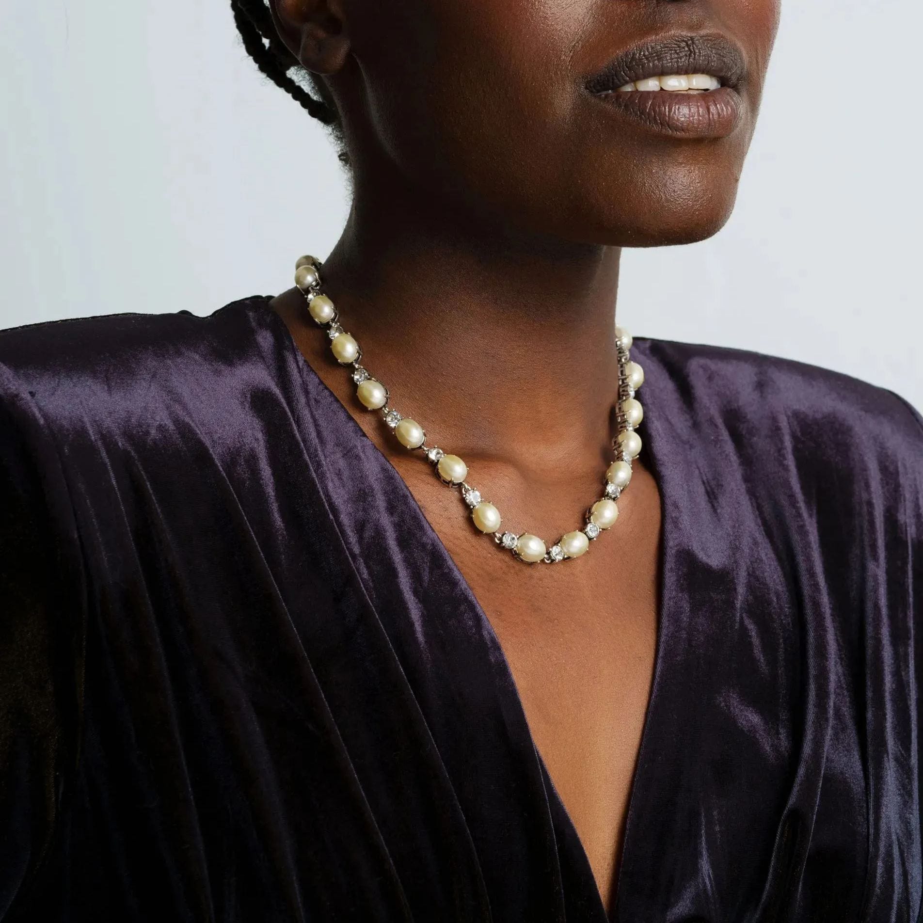 Necklace, Crystal Pearls, Austrian Rhinestones, Brass Plated Plated With Sterling Silver, Antique Finish