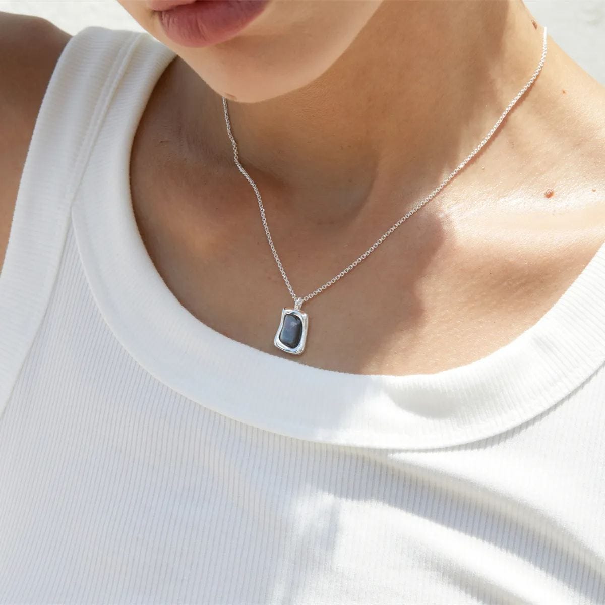 925 银 灰贝母亮银项链 吊坠