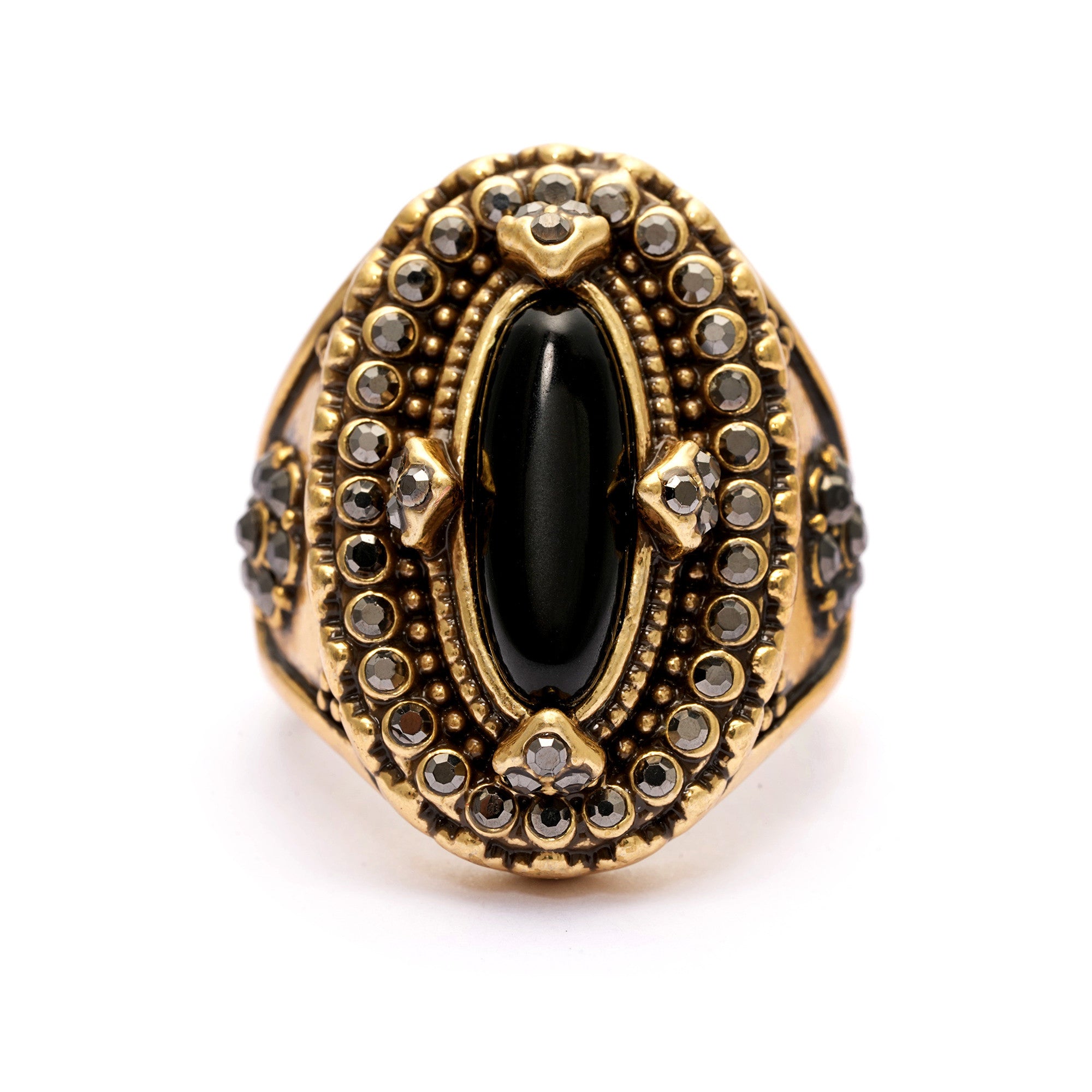 Ring alloy obsidian Austrian rhinestone plated Russian gold