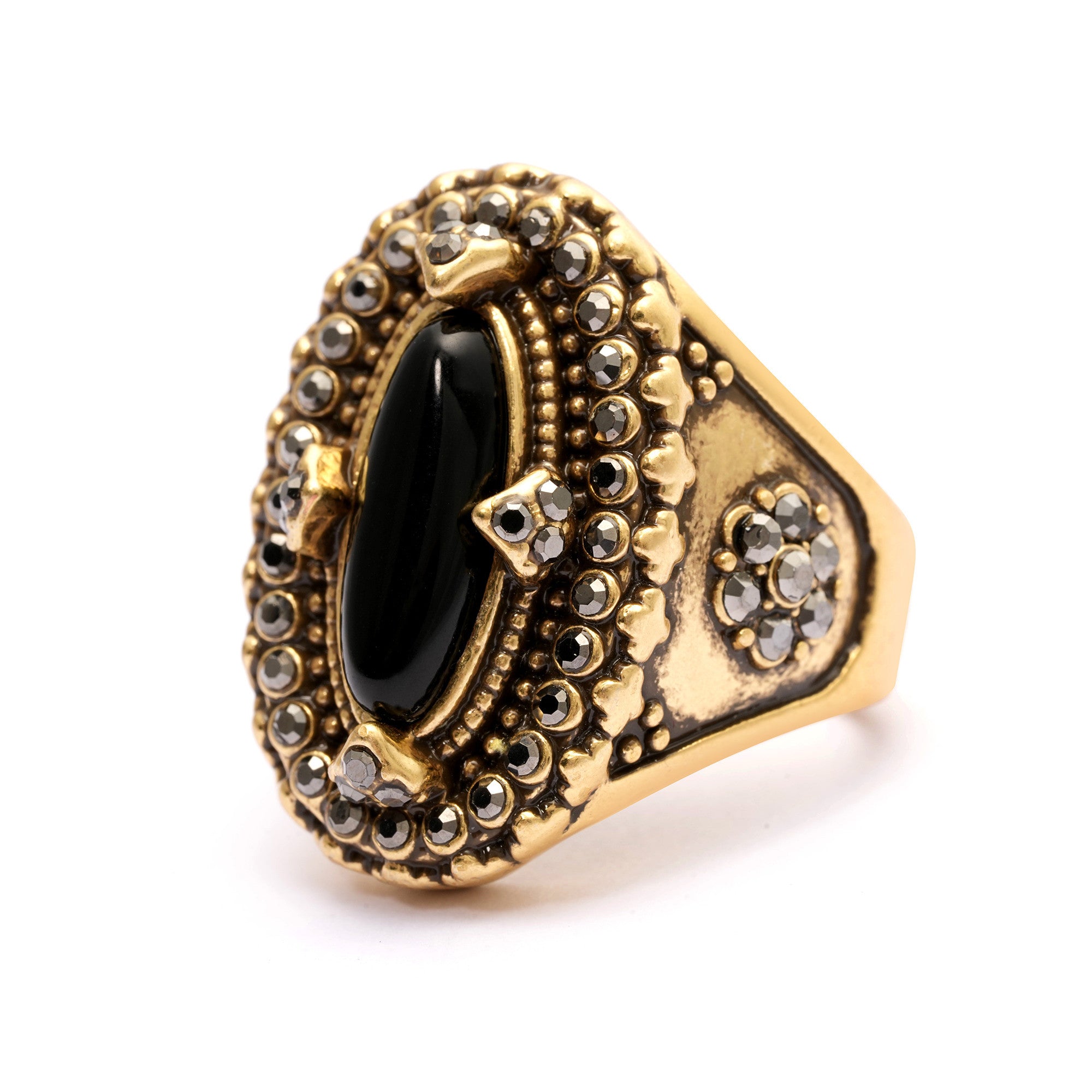 Ring alloy obsidian Austrian rhinestone plated Russian gold