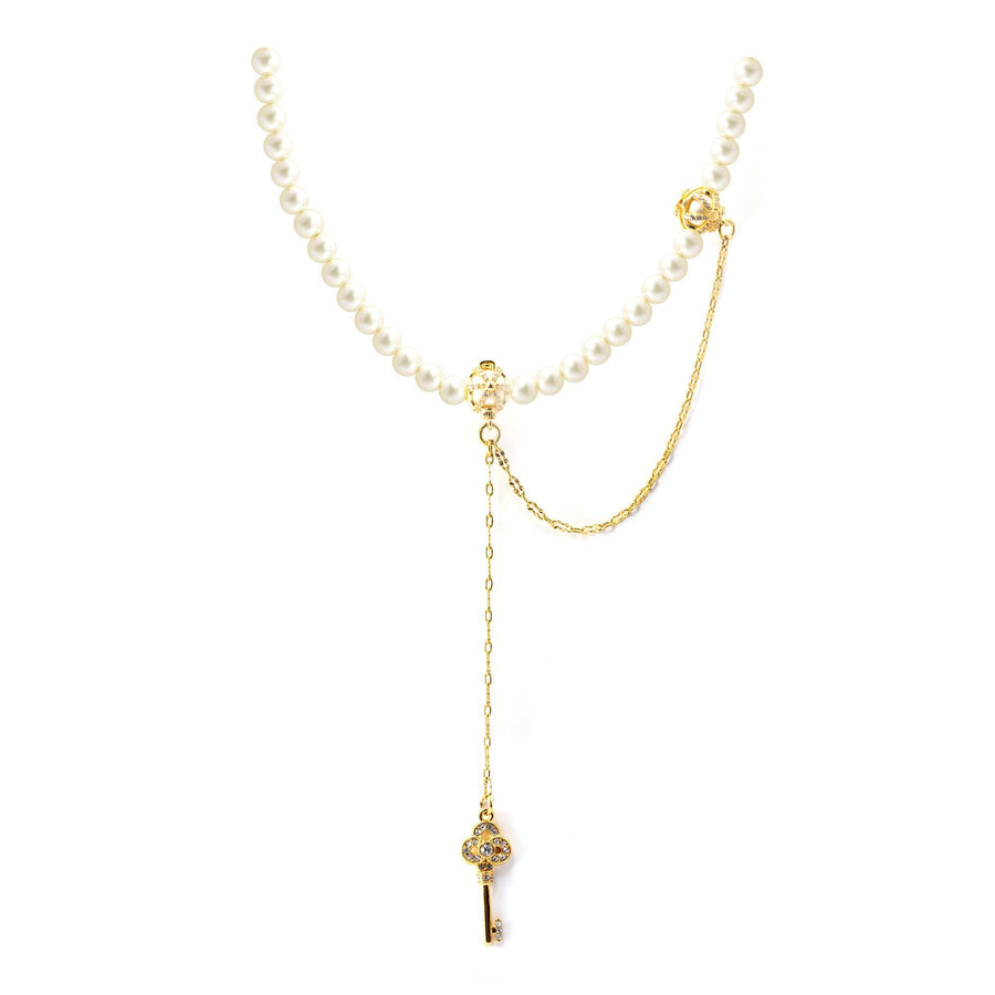 Pearl Key Necklace with crystal pearls, Austrian rhinestones and 18K gold-plated finish