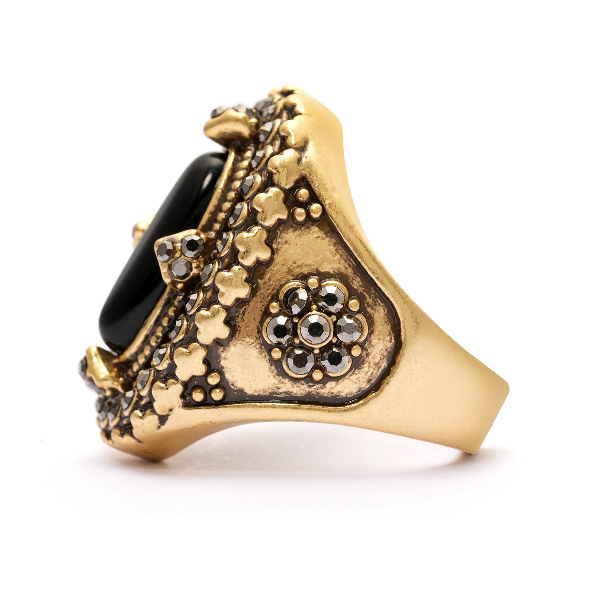 Ring alloy obsidian Austrian rhinestone plated Russian gold