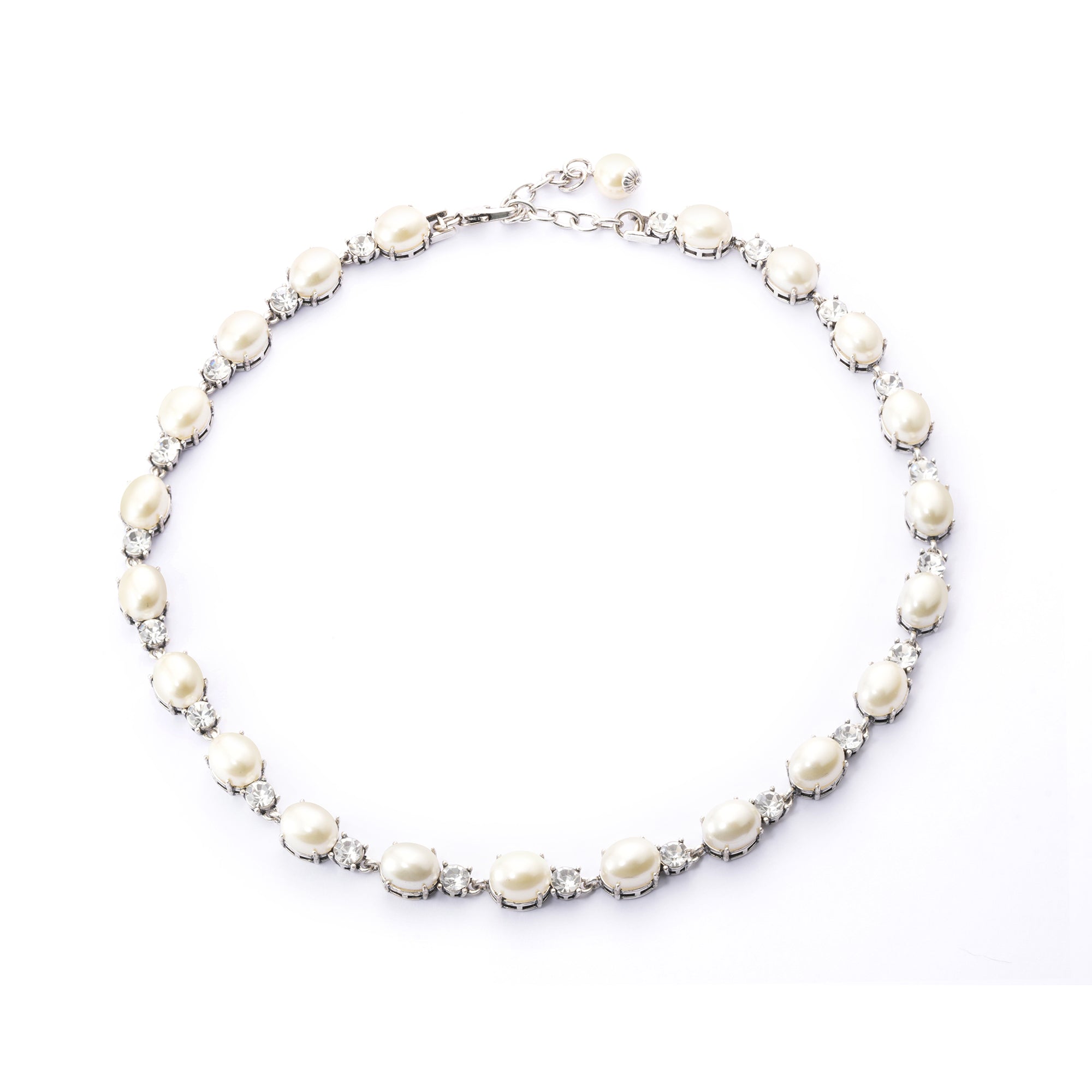 Brass Plated Necklaces,  Imported Crystal Pearls Imported Austrian Rhinestones, Plated Silver