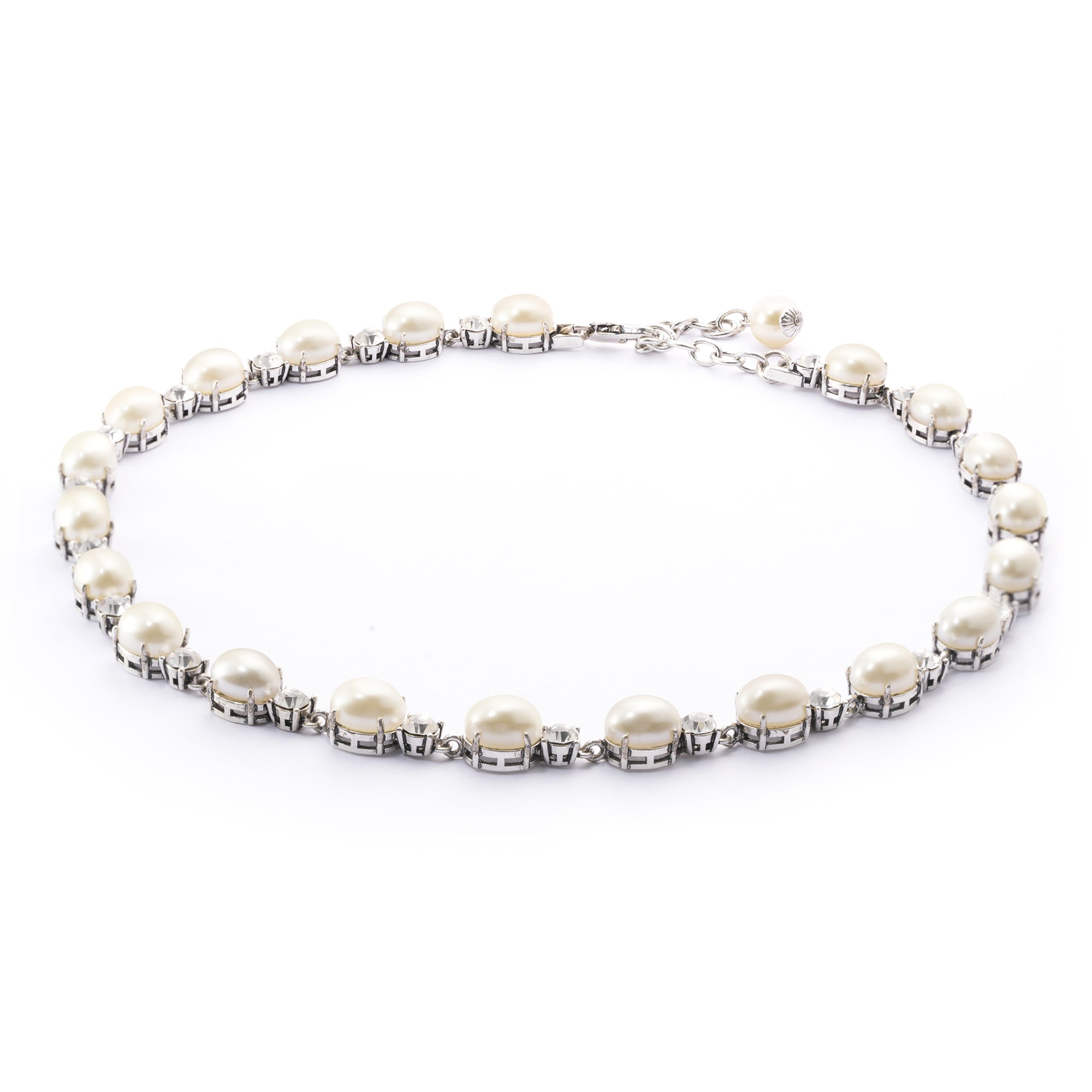 Brass Plated Necklaces,  Imported Crystal Pearls Imported Austrian Rhinestones, Plated Silver