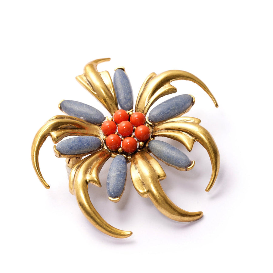 Fiery Bloom Brooch with red stone, crystal pearl and 18K gold-plated finish