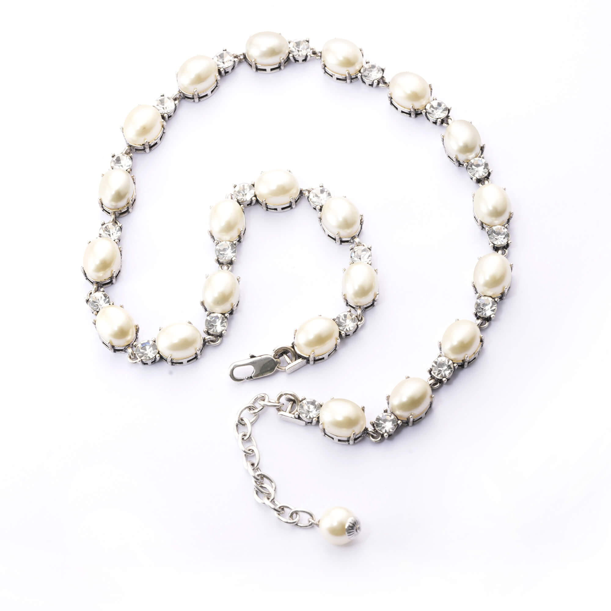 Brass Plated Necklaces,  Imported Crystal Pearls Imported Austrian Rhinestones, Plated Silver