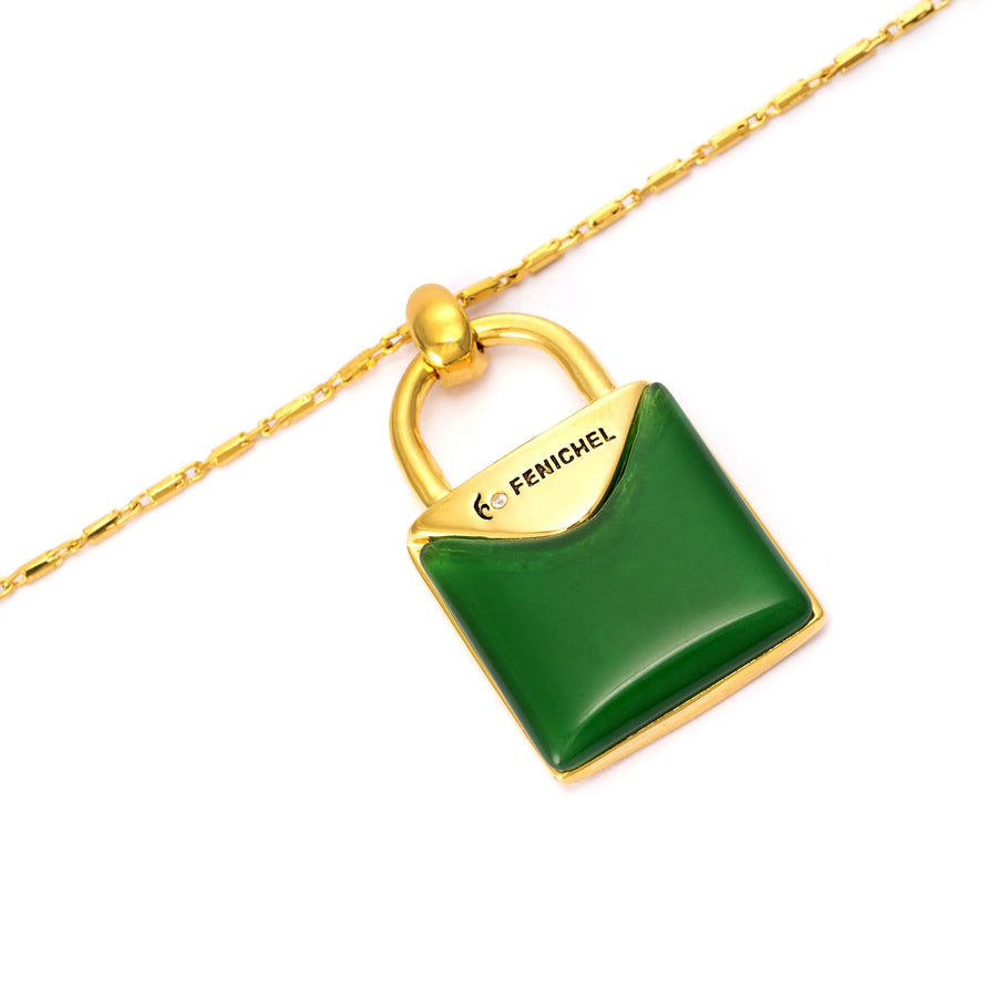 Lock Necklace with green agate, rhinestones and 18K gold-plated finish