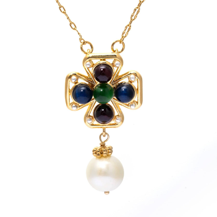 Floral Necklace with crystal pearl, Austrian rhinestones and 18K gold-plated finish