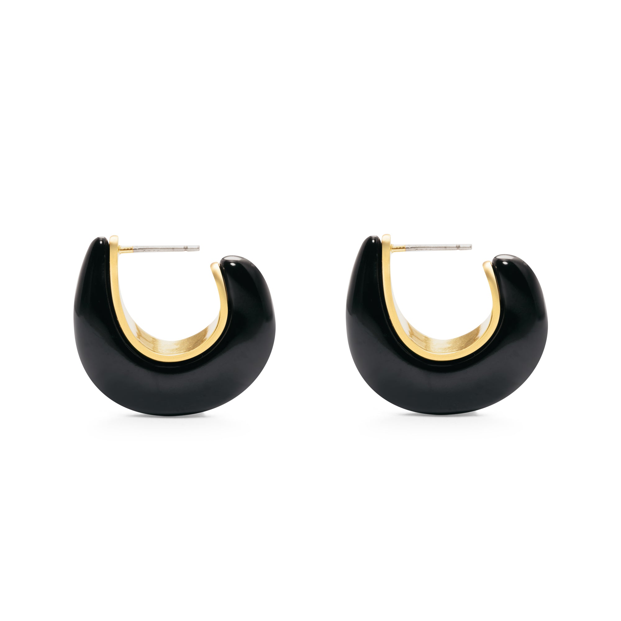 Resin Earrings, Brass With 16K Gold, Black Semi-Light