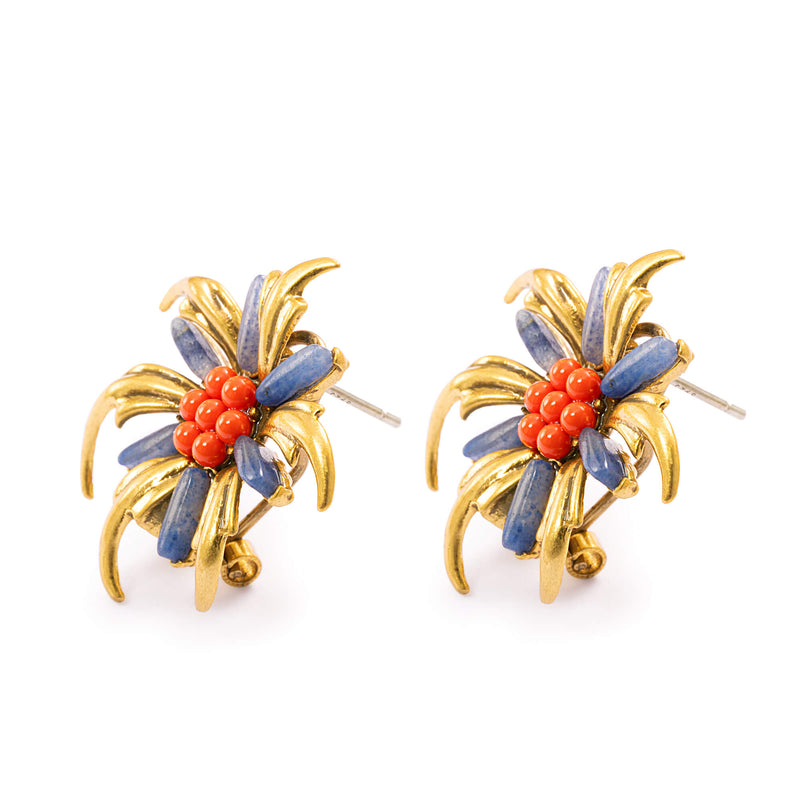 Earrings Red Stone, Crystal Pearl, Brass Plated with Russian Gold