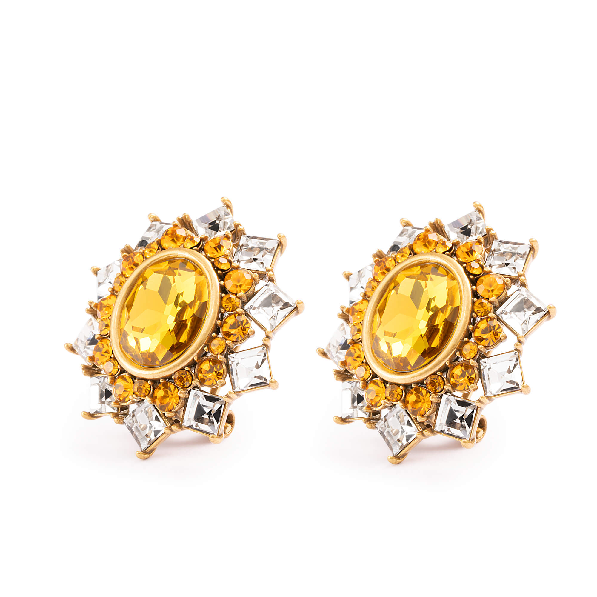 Yellow Crystal Earrings，Austrian Crystal & Rhinestone, Brass, Plated Russian Gold