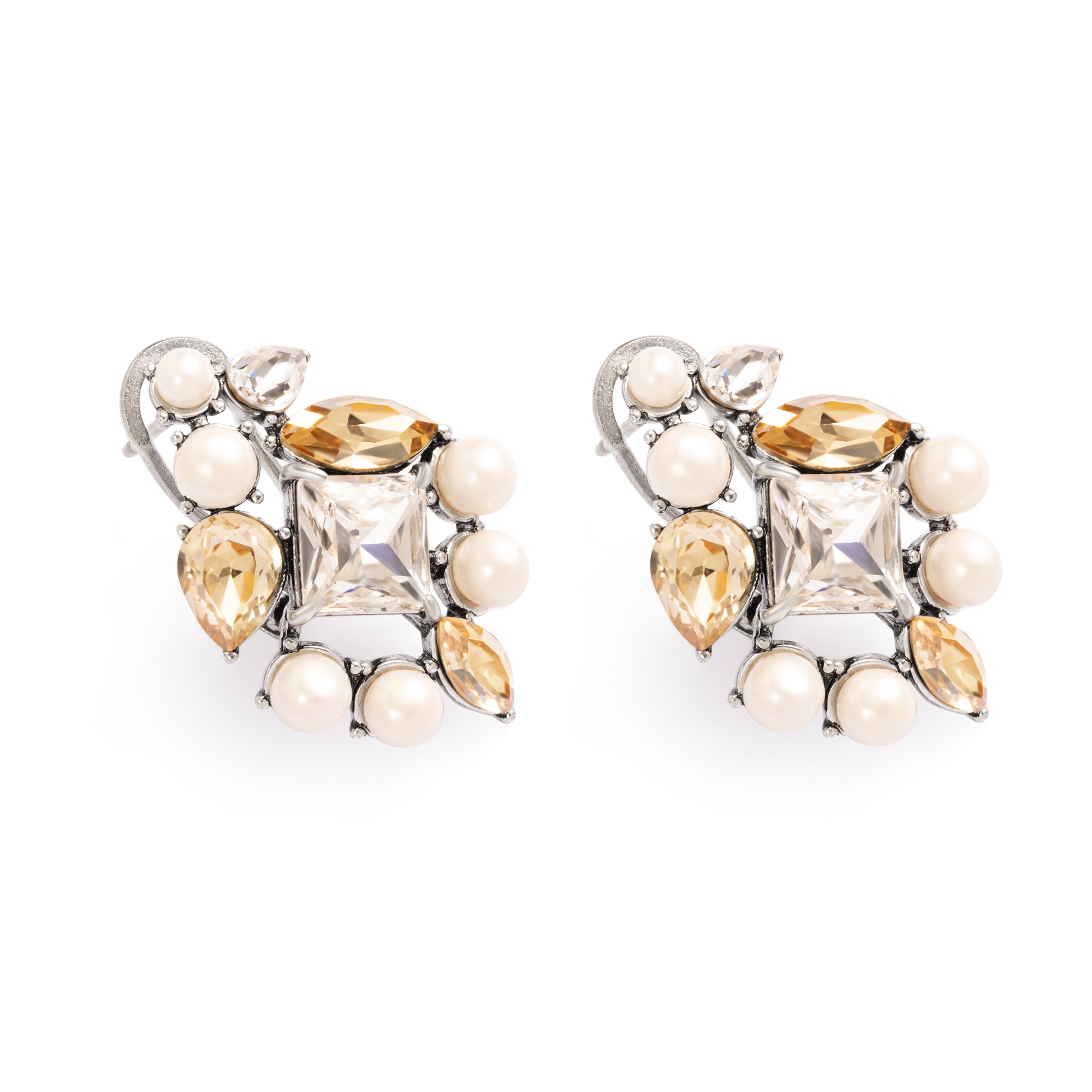 Brass Earrings, Imported Crystal Pearls,  Imported Austrian Crystal, Electroplated Silver