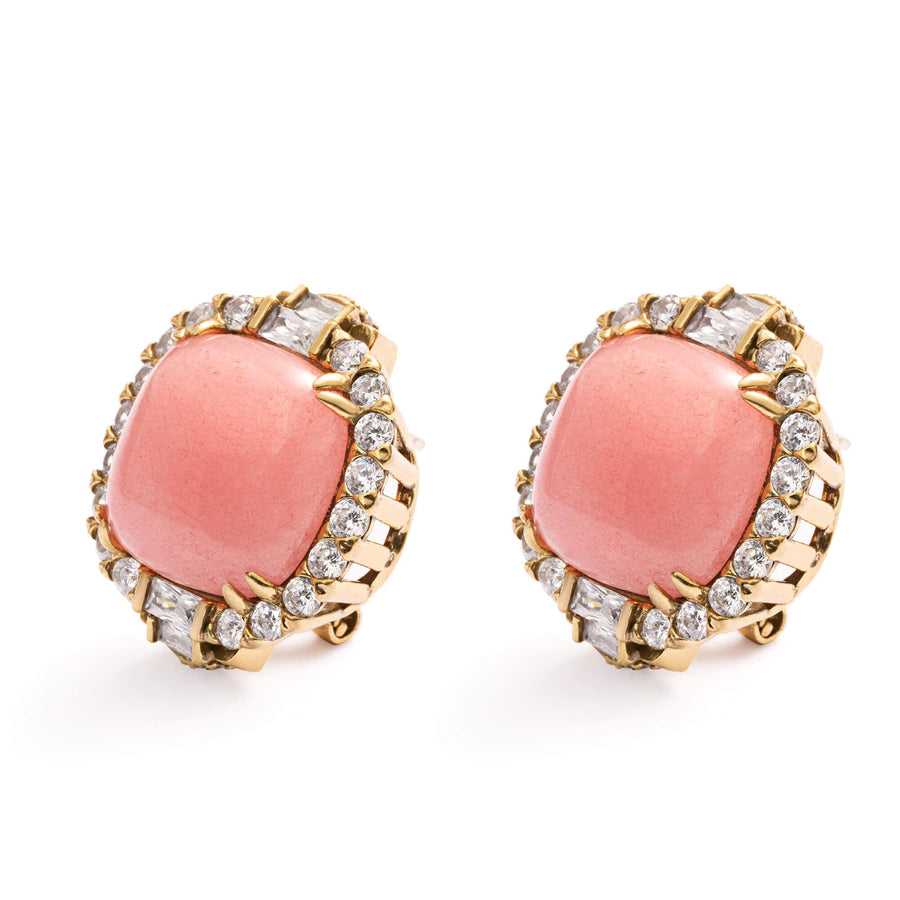 Rose Hoop Earrings with rose quartz, rhinestones and 18K gold-plated finish