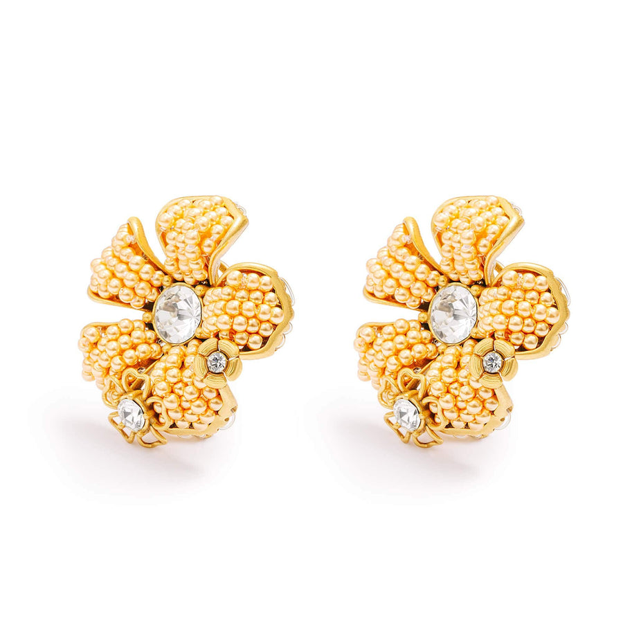 Radiant Bloom Earrings with crystal pearl, rhinestones and 18K gold-plated finish