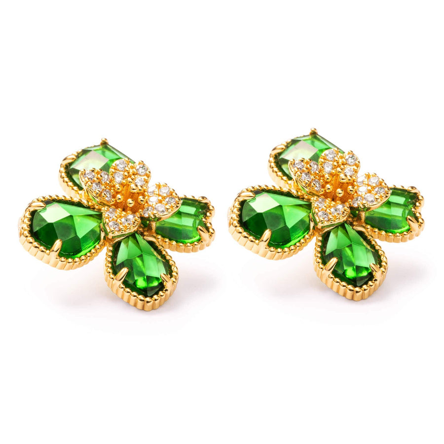 Verdant Bloom Earrings with green crystal, rhinestones and 18K gold-plated finish