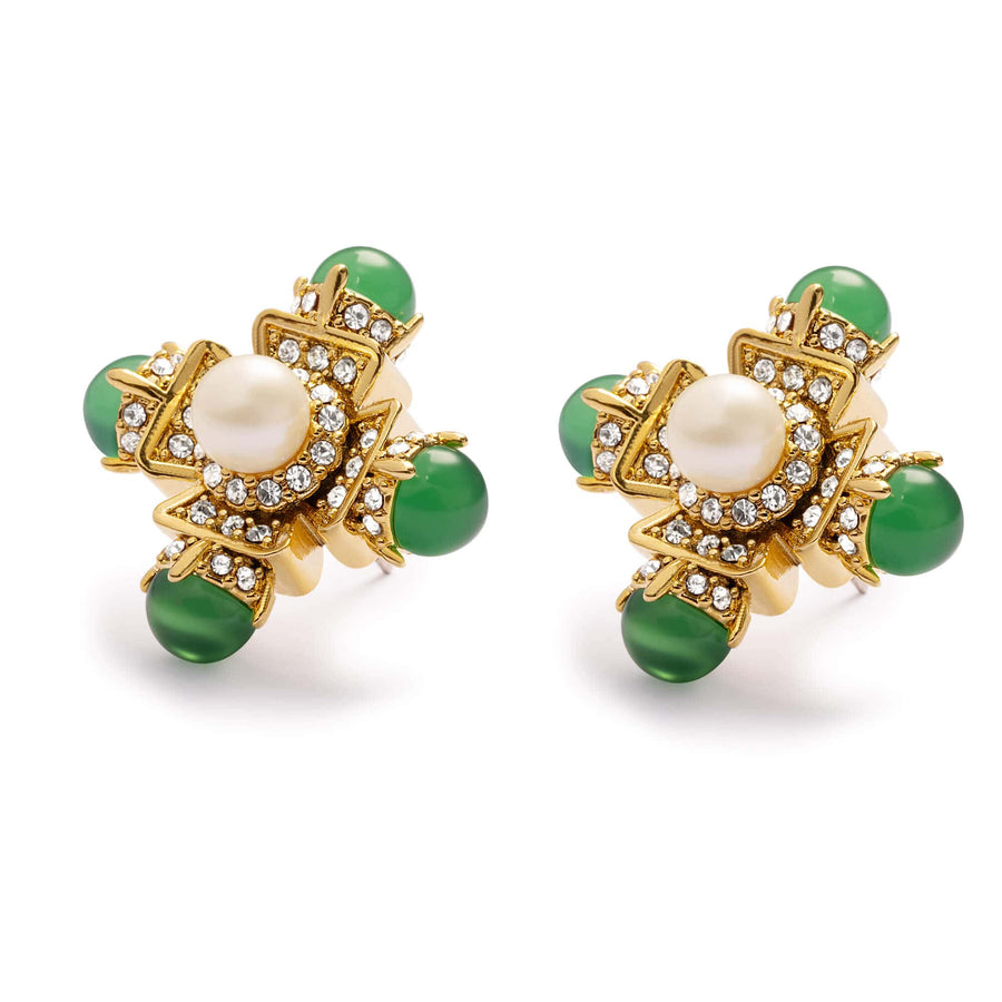 Elegant Opulence Earrings with crystal pearls, rhinestones and 18K gold-plated finish