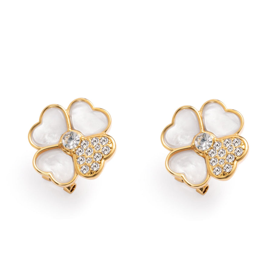 Soft Glow Clover Earrings with mother-of-pearl, rhinestones and 18K gold-plated finish
