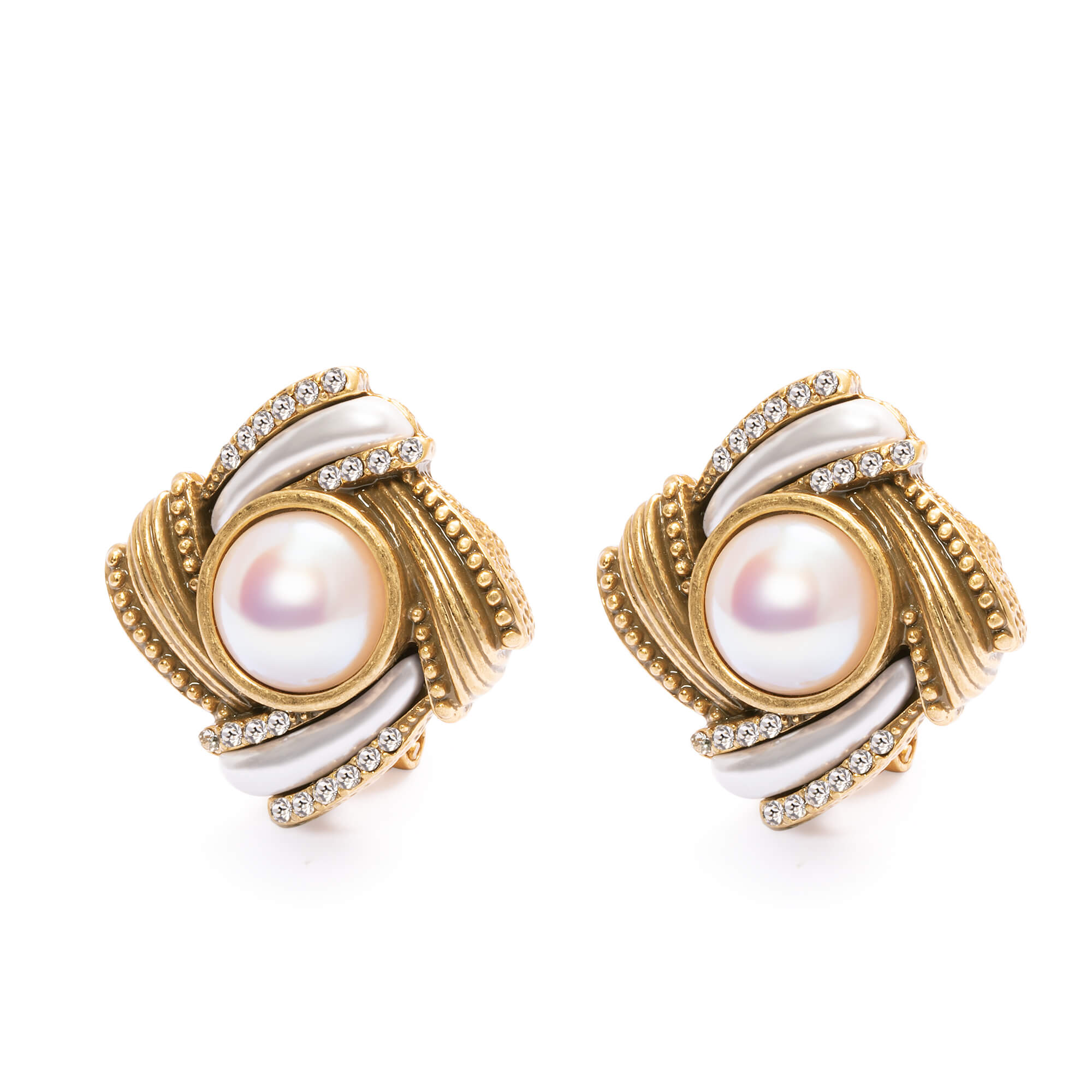 Brass Plated Enameled Earrings, Imported Crystal Pearls, Imported Austrian Rhinestones, Russian Genuine Gold