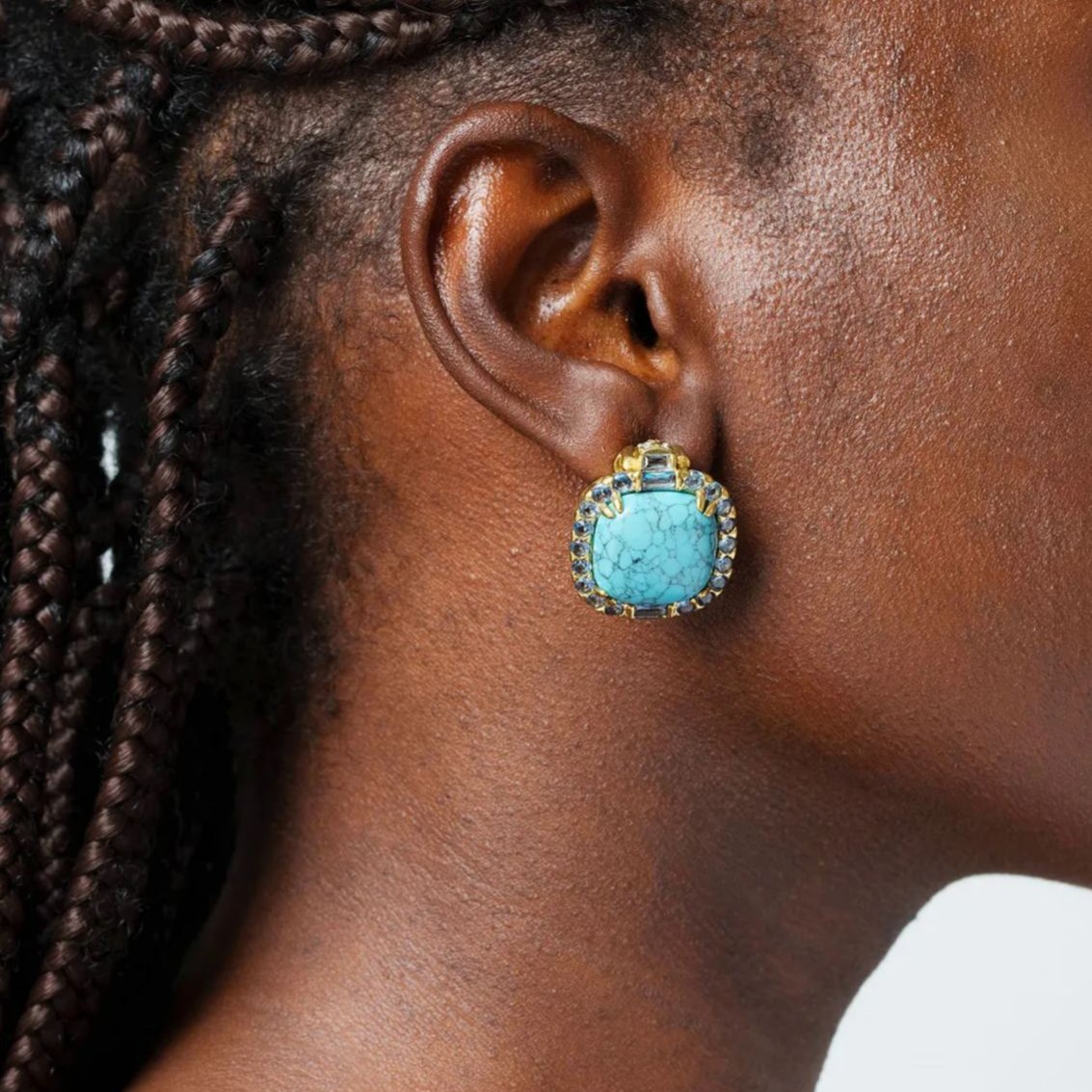 Earrings, Brass Plated With Russian Gold, Austrian Rhinestone, Black-Veined Turquoise