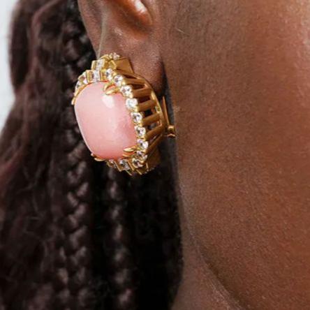 Rose Quartz Earrings, Brass Plated With Russian Gold, Austrian Rhinestone