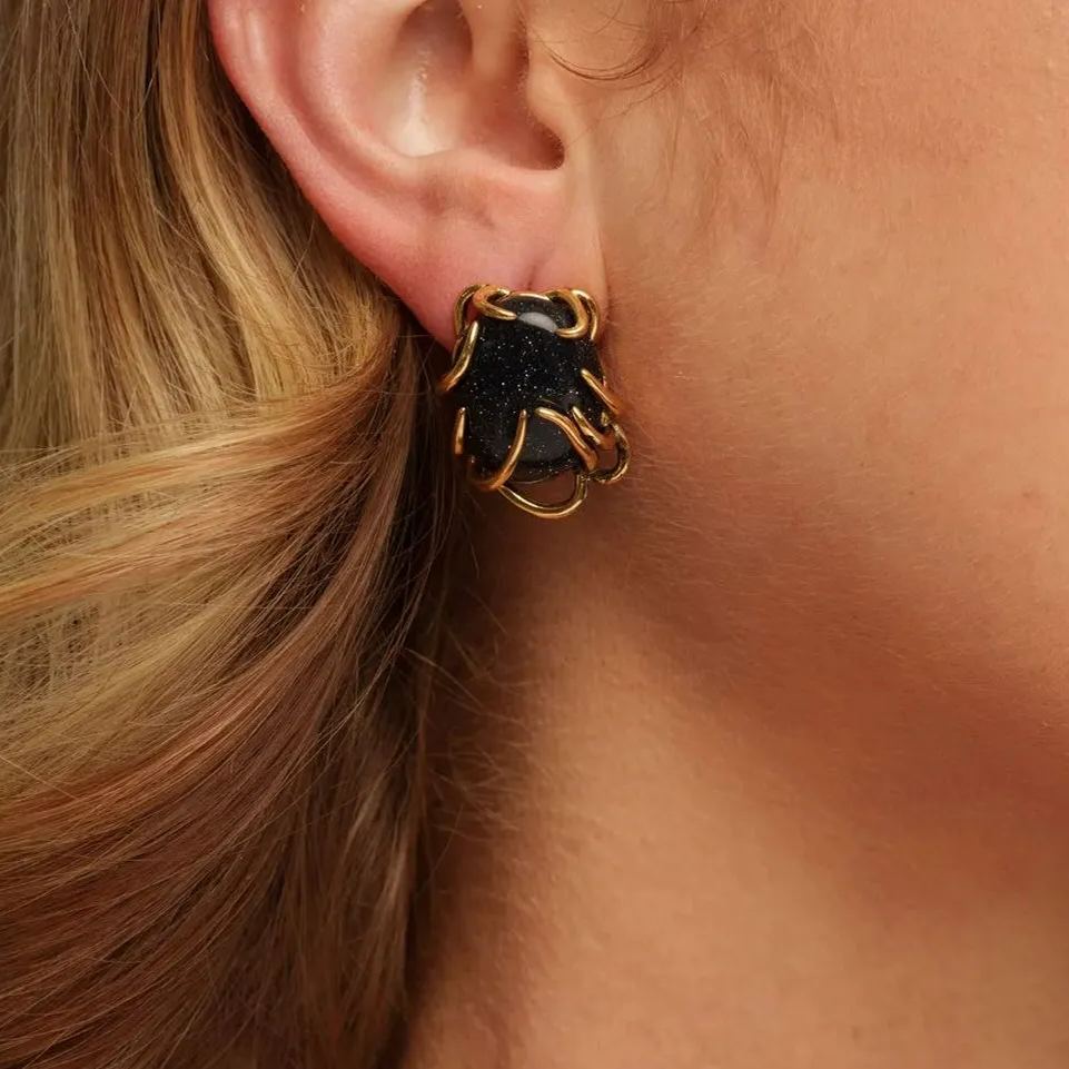 Earrings, Blue Sandstone, Brass Plated With Russian Genuine Gold