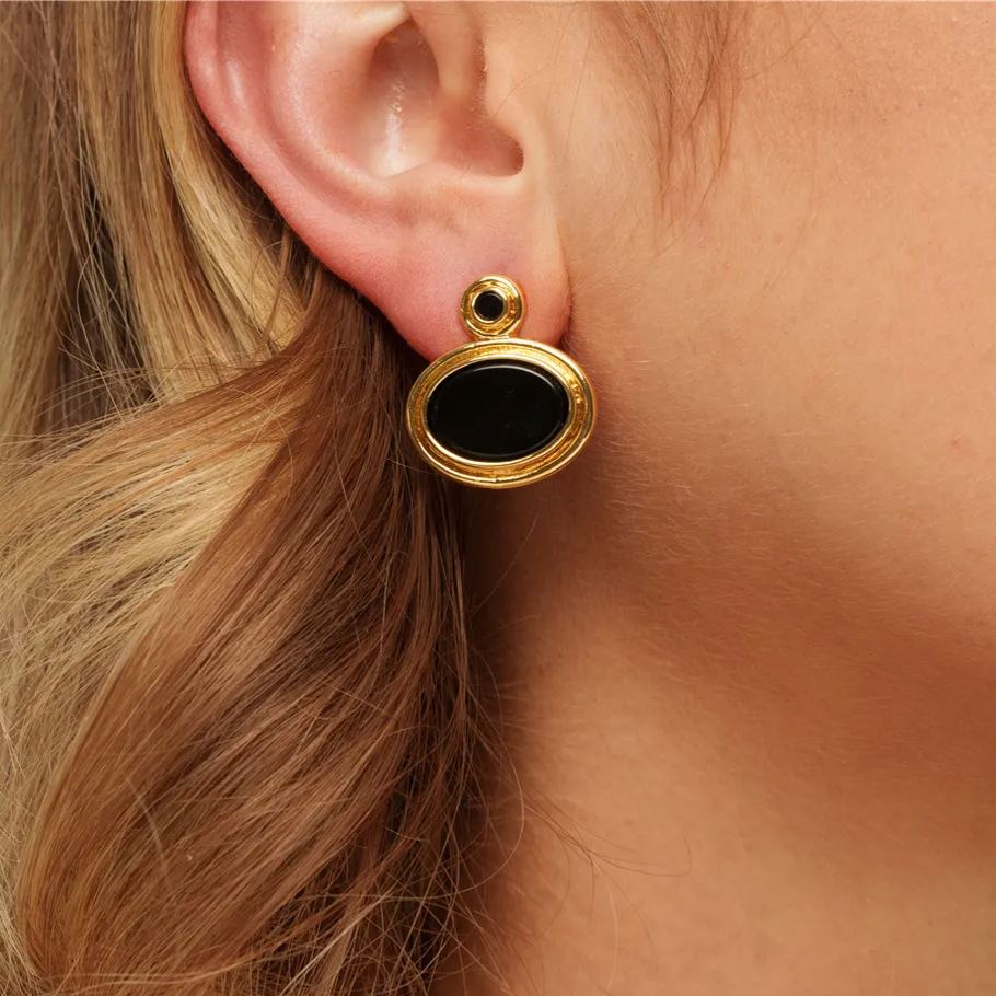 Obsidian Earrings, Austrian Rhinestones, Brass Plated With Genuine Gold