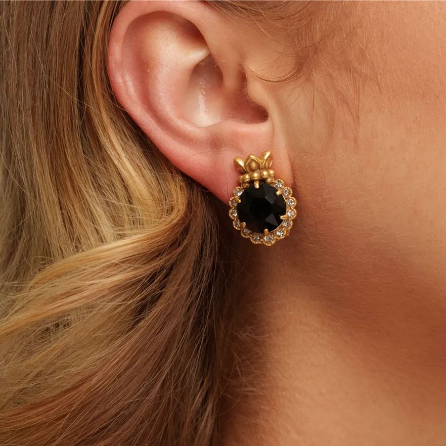 Black Crystal Earrings, Austrian Crystal & Rhinestones, Brass Plated With Russian Genuine Gold 