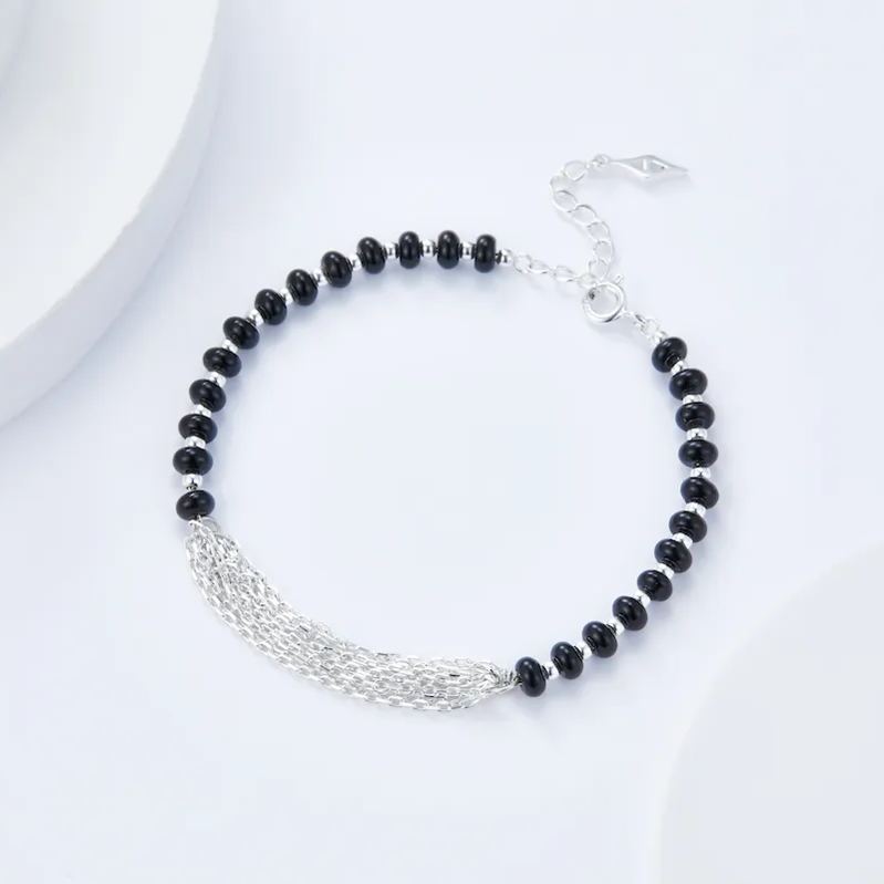 925 Silver black agate beaded bracelet Multi-layer silver chain