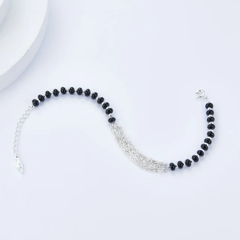 925 Silver black agate beaded bracelet Multi-layer silver chain