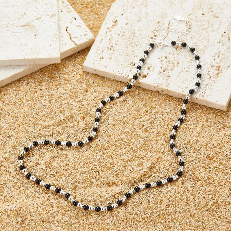 925 silver and black agate necklace with beaded chain